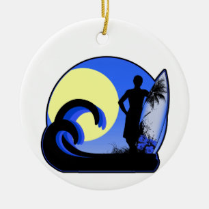 Blue surfer at sunset ceramic ornament