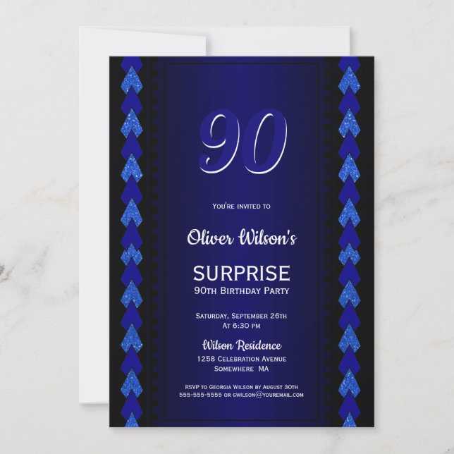 Blue Surprise 90th Birthday Party Invitation (Front)