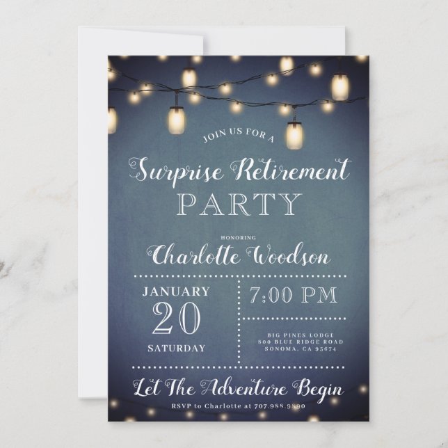 Blue Surprise Retirement Party String Lights Invitation (Front)