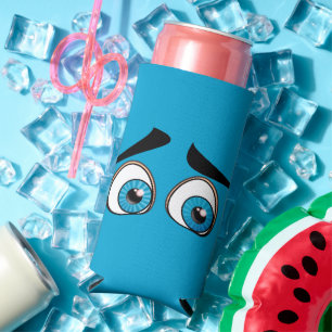 Blue Surprised Eyes Funny Can Cooler Customizable