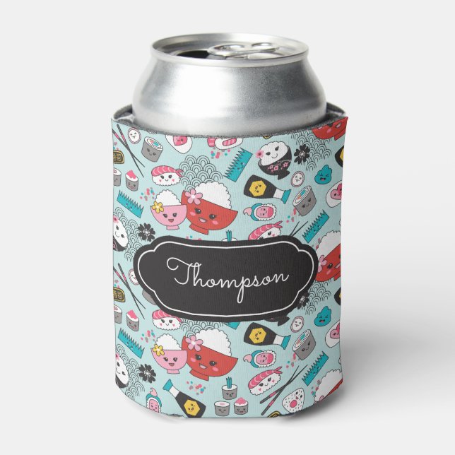 Blue Sushi Pattern Kawaii Can Cooler (Can Front)