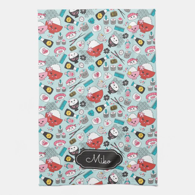 Blue Sushi Personalized Cute Pattern Kitchen Towel (Vertical)