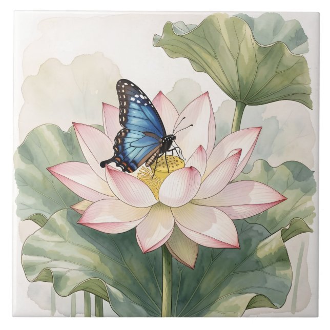  Blue Swallowtail Butterfly With Lotus Flower Art Tile (Front)