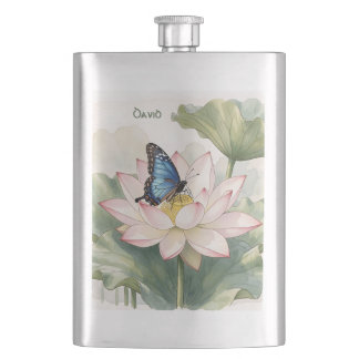 Blue Swallowtail Butterfly With Lotus Flower Name Hip Flask