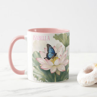 Blue Swallowtail Butterfly With Lotus Flower Name Mug