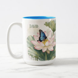 Blue Swallowtail Butterfly With Lotus Flower Name Two-Tone Coffee Mug
