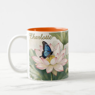 Blue Swallowtail Butterfly With Lotus Flower Name Two-Tone Coffee Mug
