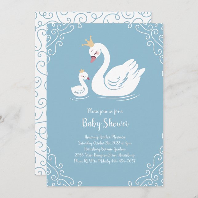 Blue Swans Baby Shower Bird with Crown Invitation (Front/Back)