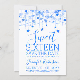 Blue Sweet 16 Sparkly String Lights Save Date Save The Date