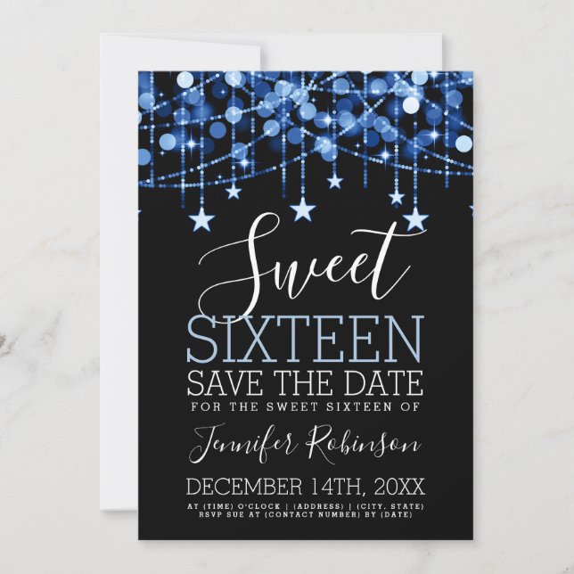 Blue Sweet 16 Sparkly String Lights Save Date Save The Date (Front)