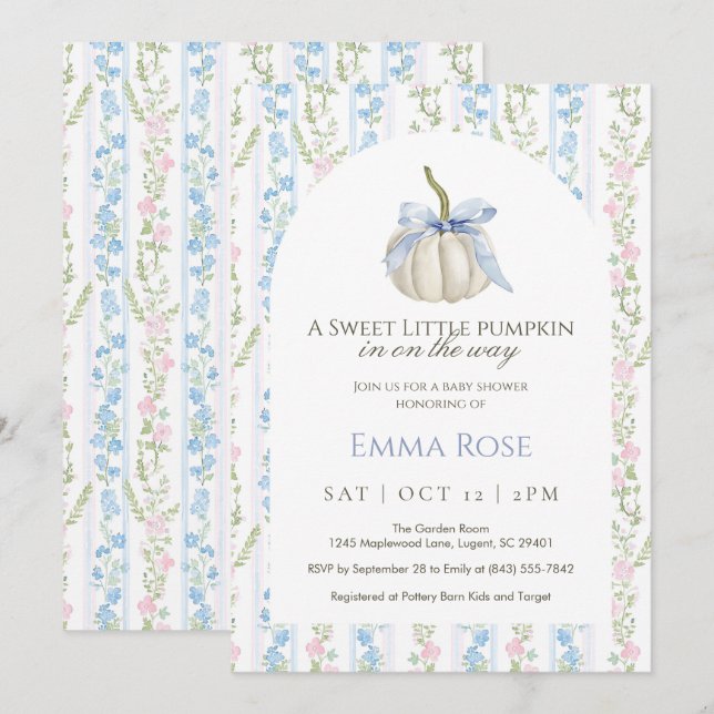 Blue Sweet Little Pumpkin Baby Shower Invitation (Front/Back)