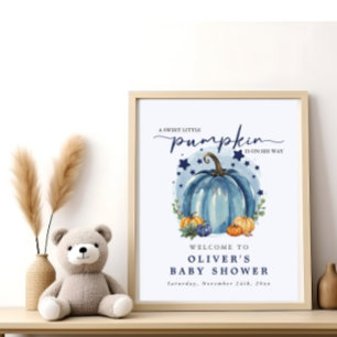 Blue Sweet Little Pumpkin Boy Baby Shower Welcome Poster