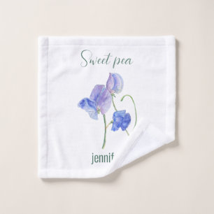 Blue sweet peas watercolor with name place Towel
