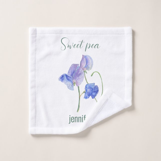 Blue sweet peas watercolor with name place Towel (Wash Cloth)