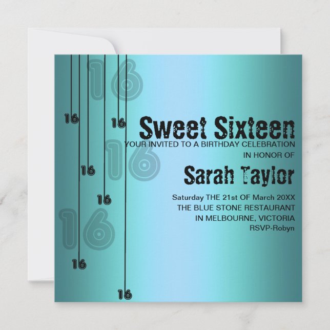 Blue Sweet Sixteen Birthday Invitation (Front)