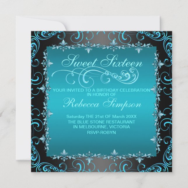 Blue Sweet Sixteen Swirl Birthday Invite (Front)