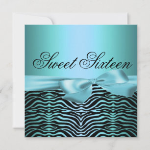 Blue Sweet Sixteen Zebra/Bow Birthday Invitation