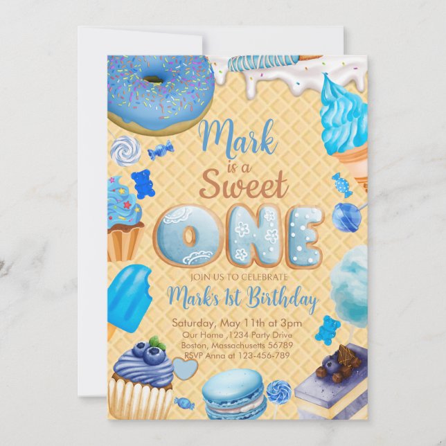 Blue Sweet Un 1er anniversaire Invitation garçon (Devant)