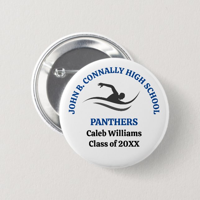 Blue Swim Team Personalized Swimmer 2 Inch Round Button (Front & Back)