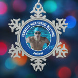 Blue Swim Team Photo High School Swimmer Snowflake Pewter Christmas Ornament<br><div class="desc">This cool customized high school swim team photo gift features white typography of your team and player name on a snowflake Christmas ornament with a swimmer icon on a blue background. Personalize with your swimming student's photograph and class year for a great commemorative keepsake.</div>