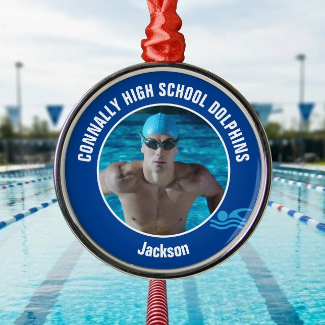 Blue Swim Team Photo Swimmer Christmas Gift Metal Ornament (Creator Uploaded)
