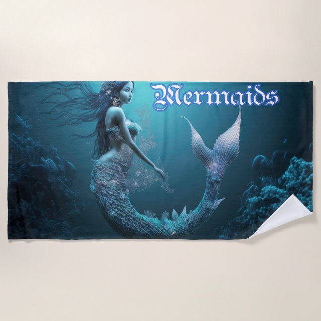 Blue Swimming Mermaid Beach Towel (Front)