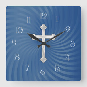 Blue Swirl Background White Pearly Cross Square Wall Clock