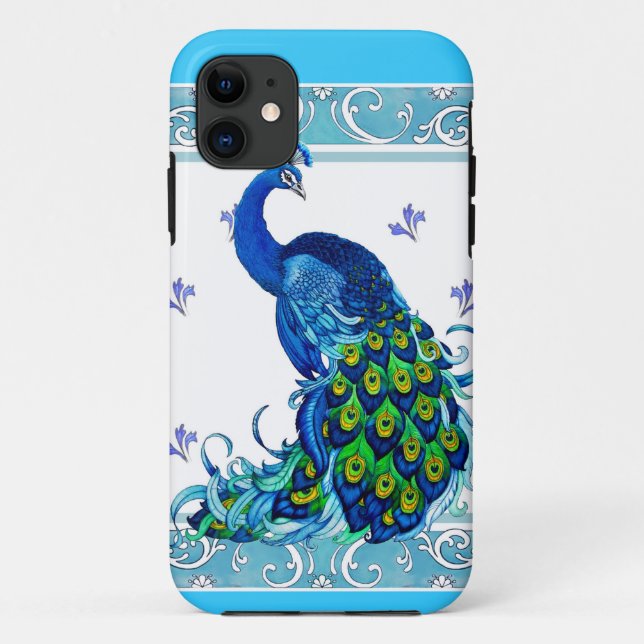 Blue swirl Border and Peacock Design Case-Mate iPhone Case (Back)