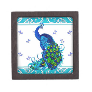 Blue swirl Border and Peacock Design Jewelry Box