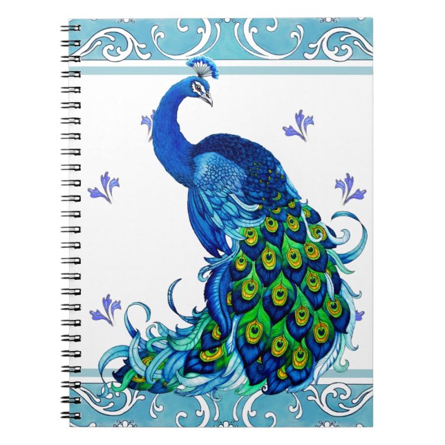 Blue swirl Border and Peacock Design Notebook (Front)
