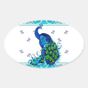 Blue swirl Border and Peacock Design Oval Sticker