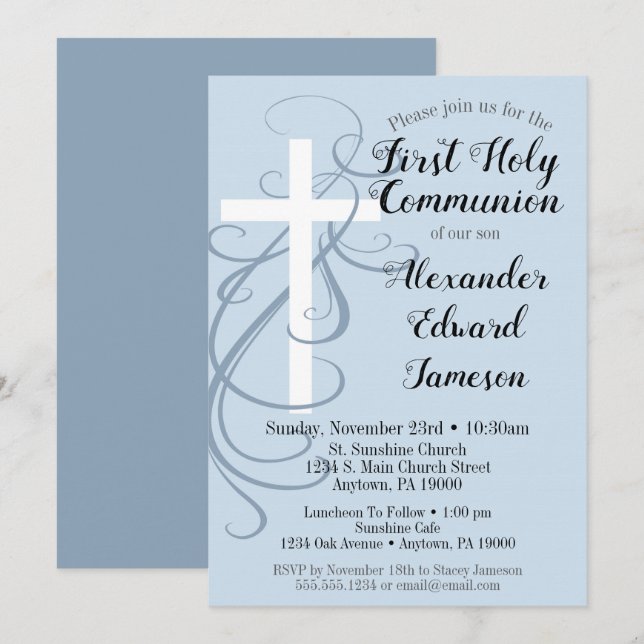 Blue Swirl Cross First Holy Communion Invitation (Front/Back)