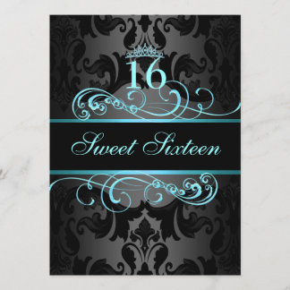 Blue Swirl Damask Sweet16 Birthday Invite