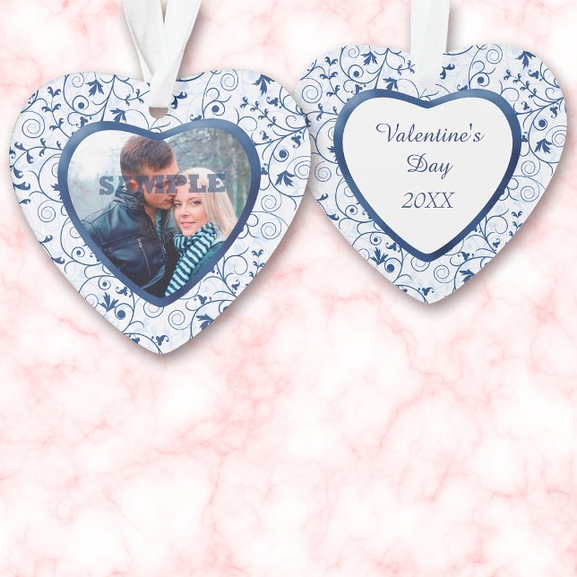 Blue Swirl Heart Valentine Photo Template Ornament (Creator Uploaded)