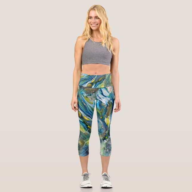 blue swirl high cut capri leggings by Laurie (Front)