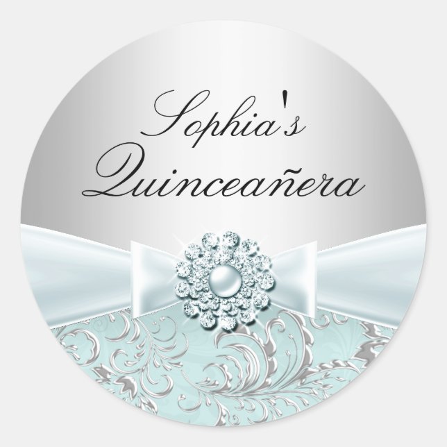 Blue Swirl & Jewel Bow Quinceanera Sticker (Front)