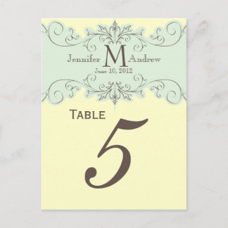 Blue Swirl Monogram Wedding Table Number Cards