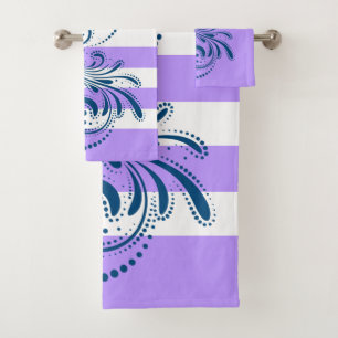 Blue swirl white and lavender stripes bath towel set