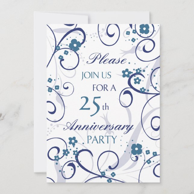 Blue Swirls 25th Anniversary Party Invitation Card (Front)