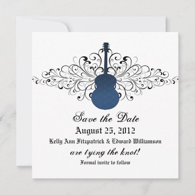 Blue Swirls Guitar Enregistrer la date Invitation (Devant)
