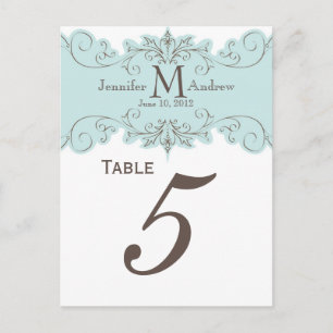 Blue Swirls Monogram Wedding Table Number Cards