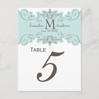 Blue Swirls Monogram Wedding Table Number Cards