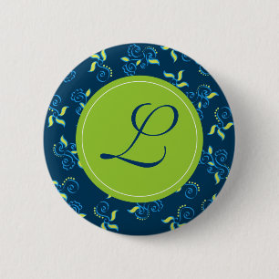 Blue swirls pattern with "L" monogram 2 Inch Round Button