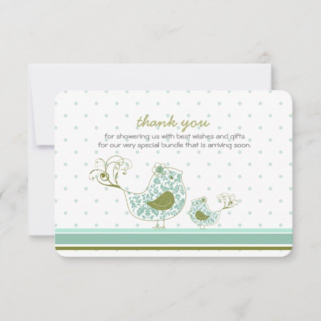 Blue Swirly Mom & Baby Bird Chic Thank You Card (Front)