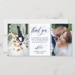 Blue Swirly Script Two Wedding Photos Thank You Card