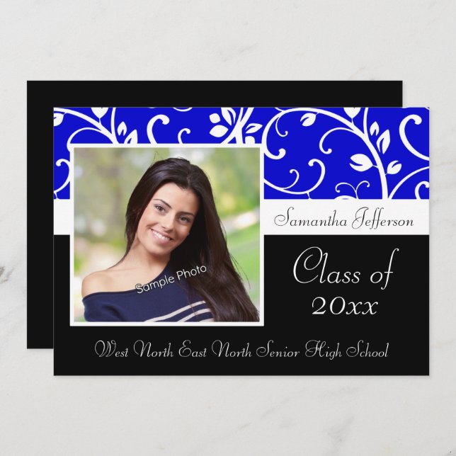 Blue Swirly Vine Photo Graduation Announcement (Front/Back)
