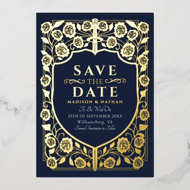 Blue Sword Shield Medieval Monogram Save the Date (Front)