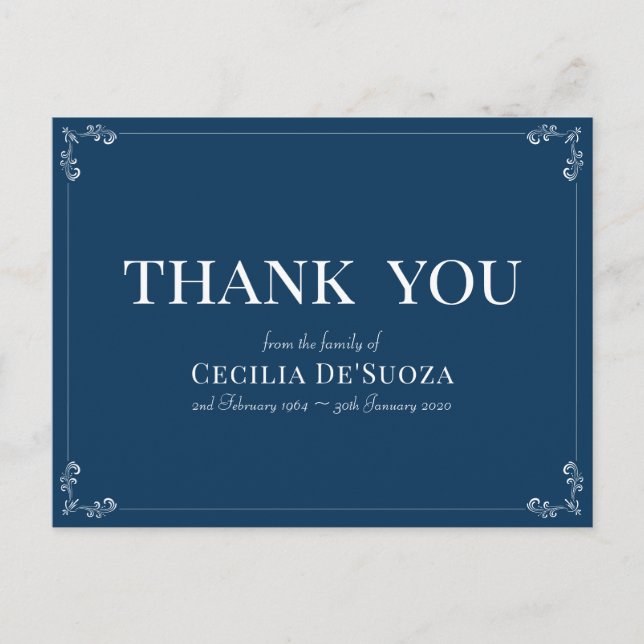 Blue Sympathy Funeral Elegant Simple Thank You Postcard (Front)
