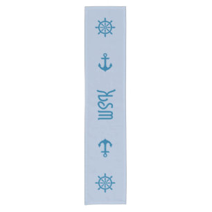 Blue Table Runner with Nautical Ship's Wheel Art