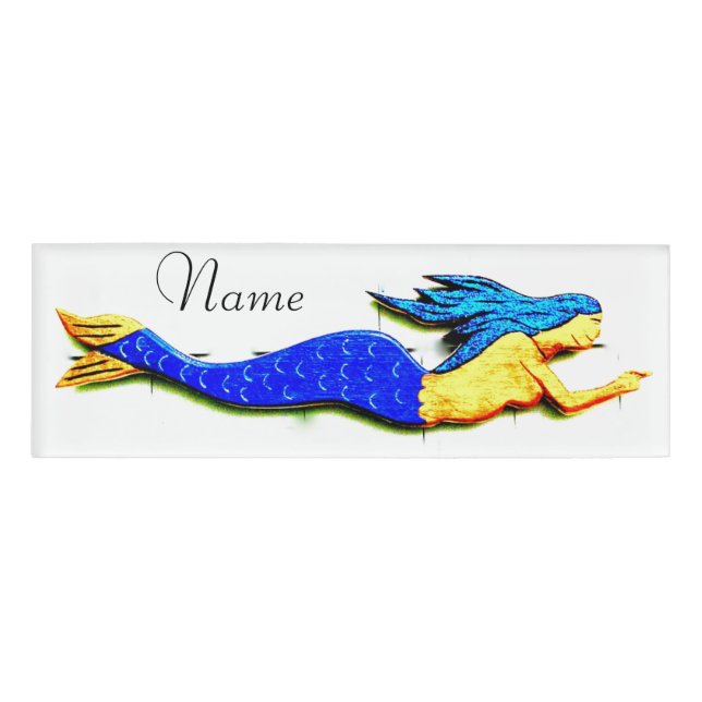 blue-tailed mermaid pointing name tag (Front)